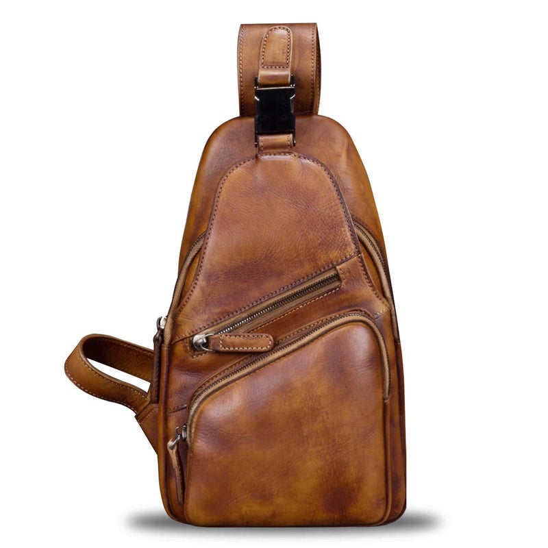 IVTG Genuine Leather Sling Bag Chest Shoulder Hiking Backpack Vintage Handmade Crossbody Daypack (Brown) One_Size - Image 2